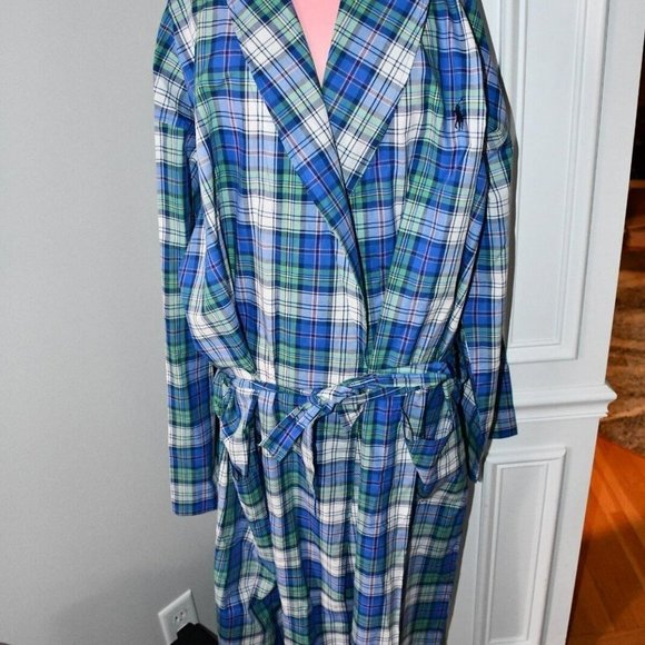NWT POLO RALPH LAURE MEN'S WOVEN PLAID‎ ROBE BLUE GREEN PLAID - Picture 1 of 5
